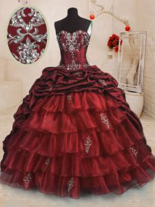 Wine Red Sleeveless With Train Beading and Appliques and Ruffled Layers and Pick Ups Lace Up Ball Gown Prom Dress