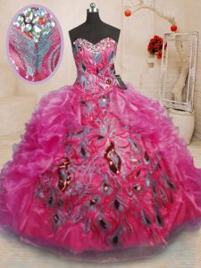 Eye-catching Ball Gowns Vestidos de Quinceanera Hot Pink Sweetheart Organza Sleeveless Floor Length Lace Up