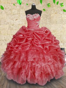 Wonderful Coral Red Sweetheart Lace Up Beading and Appliques and Ruffles and Ruching Sweet 16 Dresses Sleeveless
