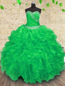 Classical Green Sleeveless Organza Lace Up 15th Birthday Dress for Military Ball and Sweet 16 and Quinceanera