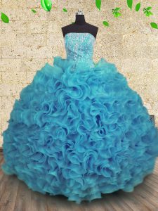 High Quality Aqua Blue Organza Lace Up Strapless Sleeveless Floor Length Quince Ball Gowns Beading and Ruffles