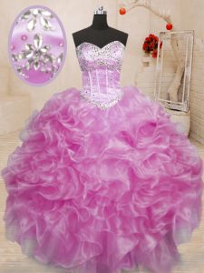Lilac Lace Up Sweetheart Beading and Ruffles Ball Gown Prom Dress Organza Sleeveless