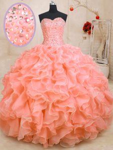 Pink Ball Gown Prom Dress Military Ball and Sweet 16 and Quinceanera and For with Beading and Ruffles Sweetheart Sleevel