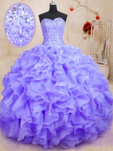 Nice Sleeveless Floor Length Beading and Ruffles Lace Up Quinceanera Gowns with Lavender