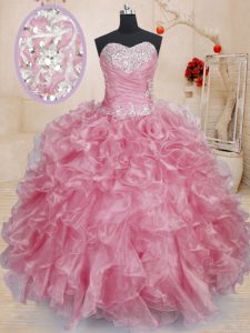 Customized Pink Organza Lace Up Sweetheart Sleeveless Floor Length Ball Gown Prom Dress Beading and Ruffles