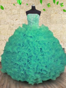 Turquoise Ball Gowns Organza Strapless Sleeveless Beading and Ruffles Floor Length Lace Up Quince Ball Gowns