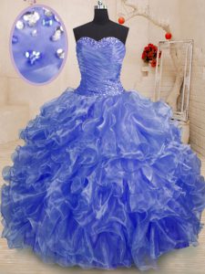 Blue Organza Lace Up Quinceanera Dresses Sleeveless Floor Length Beading and Ruffles