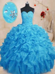Attractive Baby Blue Ball Gowns Sweetheart Sleeveless Organza Floor Length Lace Up Beading and Ruffles Vestidos de Quinc