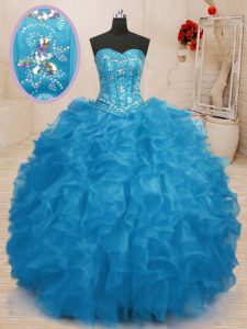 Baby Blue Sweetheart Neckline Beading and Ruffles Ball Gown Prom Dress Sleeveless Lace Up