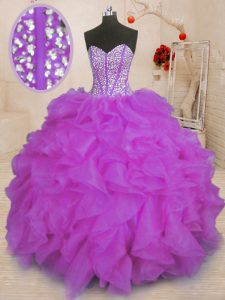 Artistic Purple Organza Lace Up 15th Birthday Dress Sleeveless Floor Length Beading and Ruffles