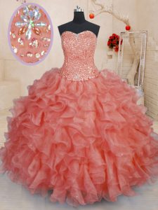 Perfect Floor Length Watermelon Red Ball Gown Prom Dress Sweetheart Sleeveless Lace Up
