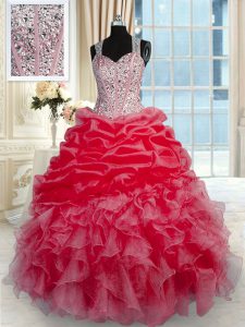 Straps Sleeveless Ball Gown Prom Dress Floor Length Beading and Ruffles Red Organza