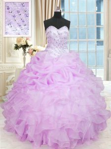 Amazing Lilac Sleeveless Organza Lace Up Quinceanera Dress for Military Ball and Sweet 16 and Quinceanera