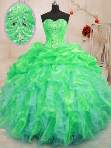 Green Organza Lace Up Sweetheart Sleeveless Floor Length 15th Birthday Dress Beading and Ruffles