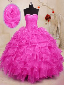 Unique Hot Pink Lace Up Sweet 16 Dresses Beading and Ruffles and Hand Made Flower Sleeveless Floor Length