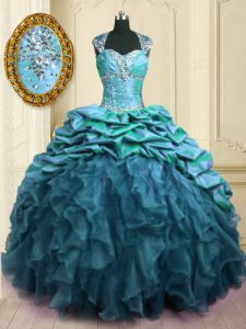 Teal Cap Sleeves With Train Beading and Ruffles and Pick Ups Lace Up Vestidos de Quinceanera