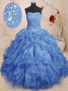 Beautiful Blue Ball Gowns Beading and Ruffles and Ruching Quinceanera Dresses Lace Up Organza Sleeveless Floor Length