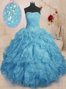 Baby Blue Lace Up Quinceanera Dresses Beading and Ruffles and Ruching Sleeveless Floor Length