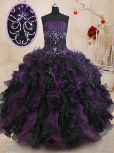 Clearance Strapless Sleeveless Lace Up Sweet 16 Dresses Black And Purple Organza