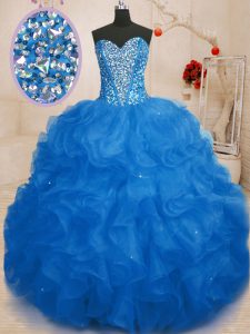 Custom Made Blue Organza Lace Up 15 Quinceanera Dress Sleeveless Floor Length Beading and Ruffles