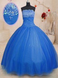 Modern Strapless Sleeveless Lace Up Ball Gown Prom Dress Blue Tulle