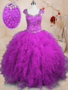 High End Ball Gowns 15th Birthday Dress Purple Square Tulle Cap Sleeves Floor Length Lace Up