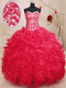 Shining Coral Red Organza Lace Up Sweetheart Sleeveless Floor Length Vestidos de Quinceanera Beading and Ruffles and Seq