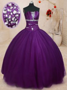 Dark Purple Lace Up Sweet 16 Dress Beading Sleeveless Floor Length