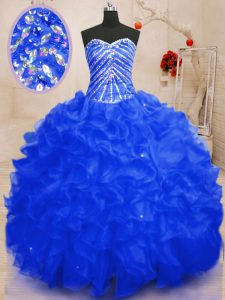 Ideal Sweetheart Sleeveless Organza Vestidos de Quinceanera Beading and Ruffles and Sequins Lace Up