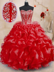 Customized Red Organza Lace Up Quince Ball Gowns Sleeveless Floor Length Beading and Ruffles