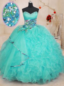 Aqua Blue Ball Gowns Sweetheart Sleeveless Organza Floor Length Lace Up Beading and Ruffles Vestidos de Quinceanera