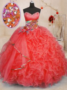 Sophisticated Coral Red Organza Lace Up Ball Gown Prom Dress Sleeveless Floor Length Beading and Ruffles