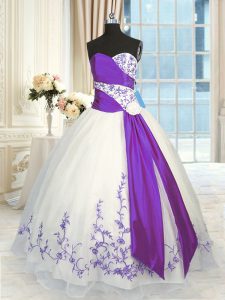 Floor Length White And Purple Sweet 16 Dress Organza Sleeveless Embroidery and Sashes ribbons