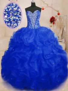 Ideal Floor Length Royal Blue Quinceanera Dress Organza Sleeveless Beading and Ruffles