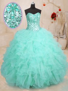 Charming Floor Length Apple Green Quinceanera Gown Organza Sleeveless Beading and Ruffles