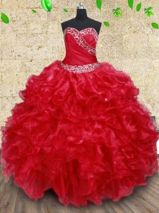 Noble Floor Length Red Quinceanera Gown Organza Sleeveless Beading and Ruffles
