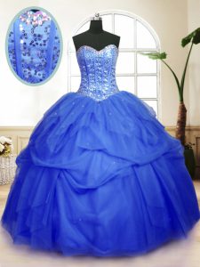 Romantic Sequins Pick Ups Ball Gowns Vestidos de Quinceanera Blue Sweetheart Tulle Sleeveless Floor Length Lace Up