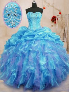 Aqua Blue Organza Lace Up Sweetheart Sleeveless Floor Length Ball Gown Prom Dress Beading and Ruffles