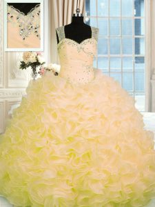 Flare Gold Organza Zipper Quinceanera Gowns Sleeveless Floor Length Beading and Ruffles