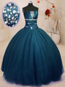 Modern Strapless Sleeveless Ball Gown Prom Dress Floor Length Beading Navy Blue Tulle