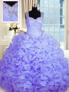 Lavender Zipper Straps Beading and Ruffles Quince Ball Gowns Organza Sleeveless