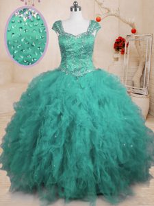 Sumptuous Floor Length Ball Gowns Cap Sleeves Turquoise Quinceanera Gown Lace Up