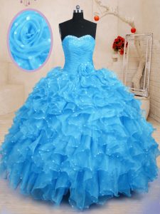 Fashion Floor Length Lace Up Ball Gown Prom Dress Baby Blue for Military Ball and Sweet 16 and Quinceanera with Beading 