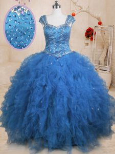 Sequins Floor Length Teal Quince Ball Gowns Straps Cap Sleeves Lace Up