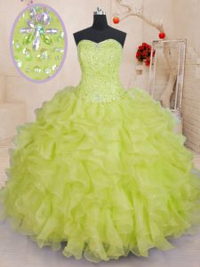 Beading and Ruffles Quinceanera Dresses Yellow Green Lace Up Sleeveless Floor Length