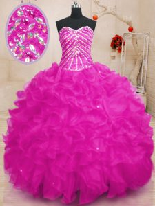 Fuchsia Lace Up Quinceanera Gowns Beading and Ruffles and Sequins Sleeveless Floor Length