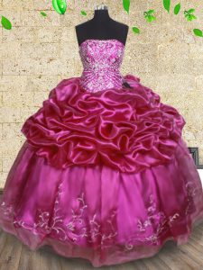 Fuchsia Strapless Lace Up Beading and Embroidery and Pick Ups Quince Ball Gowns Sleeveless