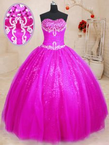 Excellent Floor Length Fuchsia Quinceanera Dresses Tulle and Sequined Sleeveless Beading