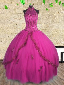 Charming Halter Top Fuchsia Sleeveless Tulle Lace Up Quinceanera Dresses for Military Ball and Sweet 16 and Quinceanera