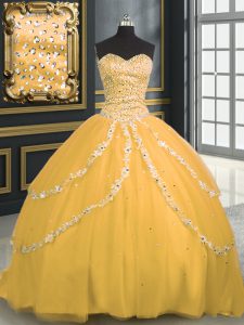 Custom Design Gold 15th Birthday Dress Military Ball and Sweet 16 and Quinceanera and For with Beading and Appliques Swe